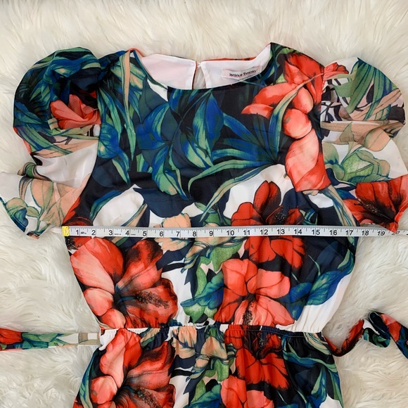 Floral puff sleeves waist tie ruffled midi dress L - Picture 11 of 16